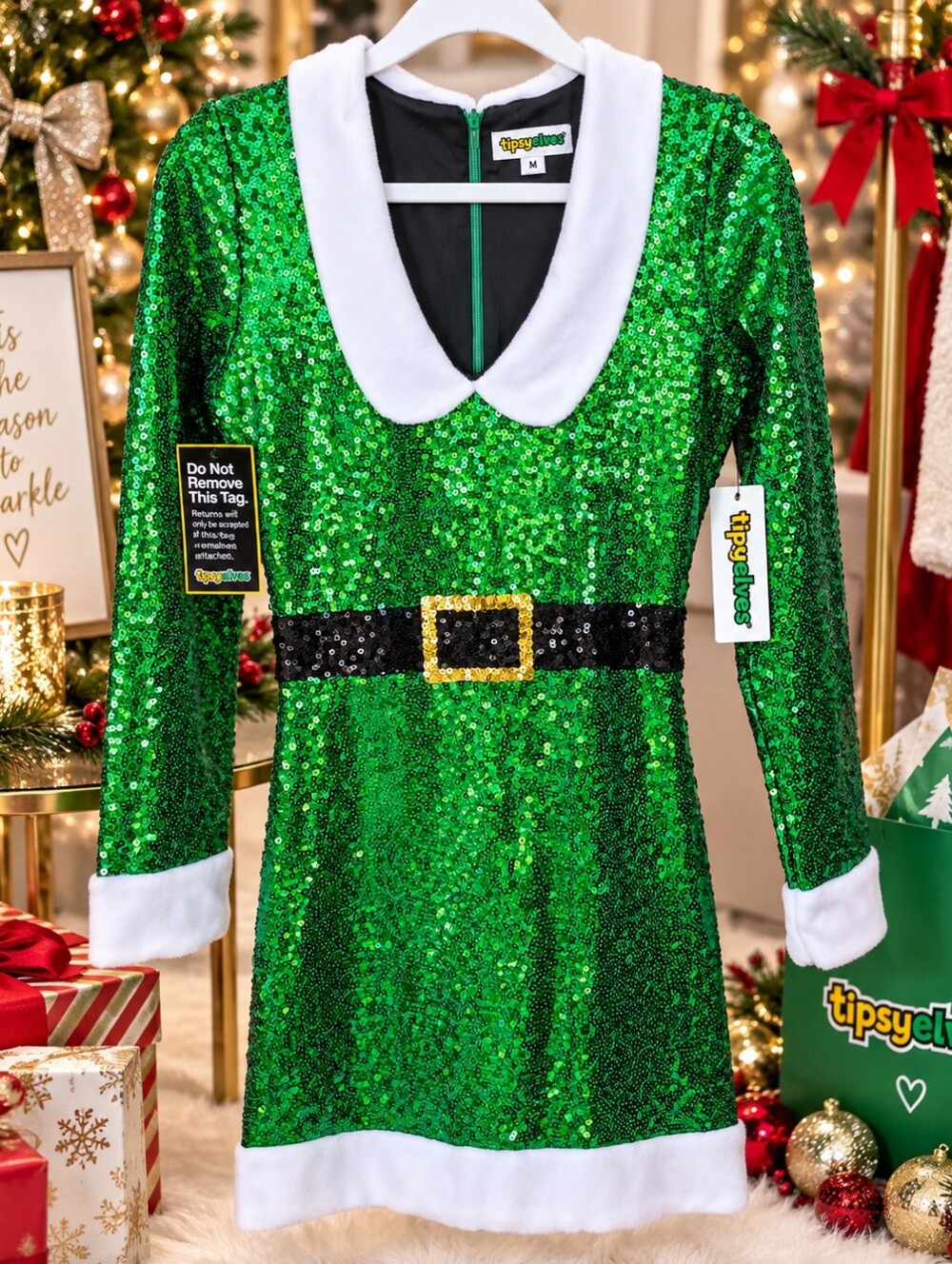 Tipsy Elves Green Sequin Elf Dress with White Trim and Black Belt
